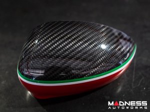 FIAT 500 Mirror Covers - Carbon Fiber - Red Lower Portion - Italian Racing Stripe w/ White Scorpion